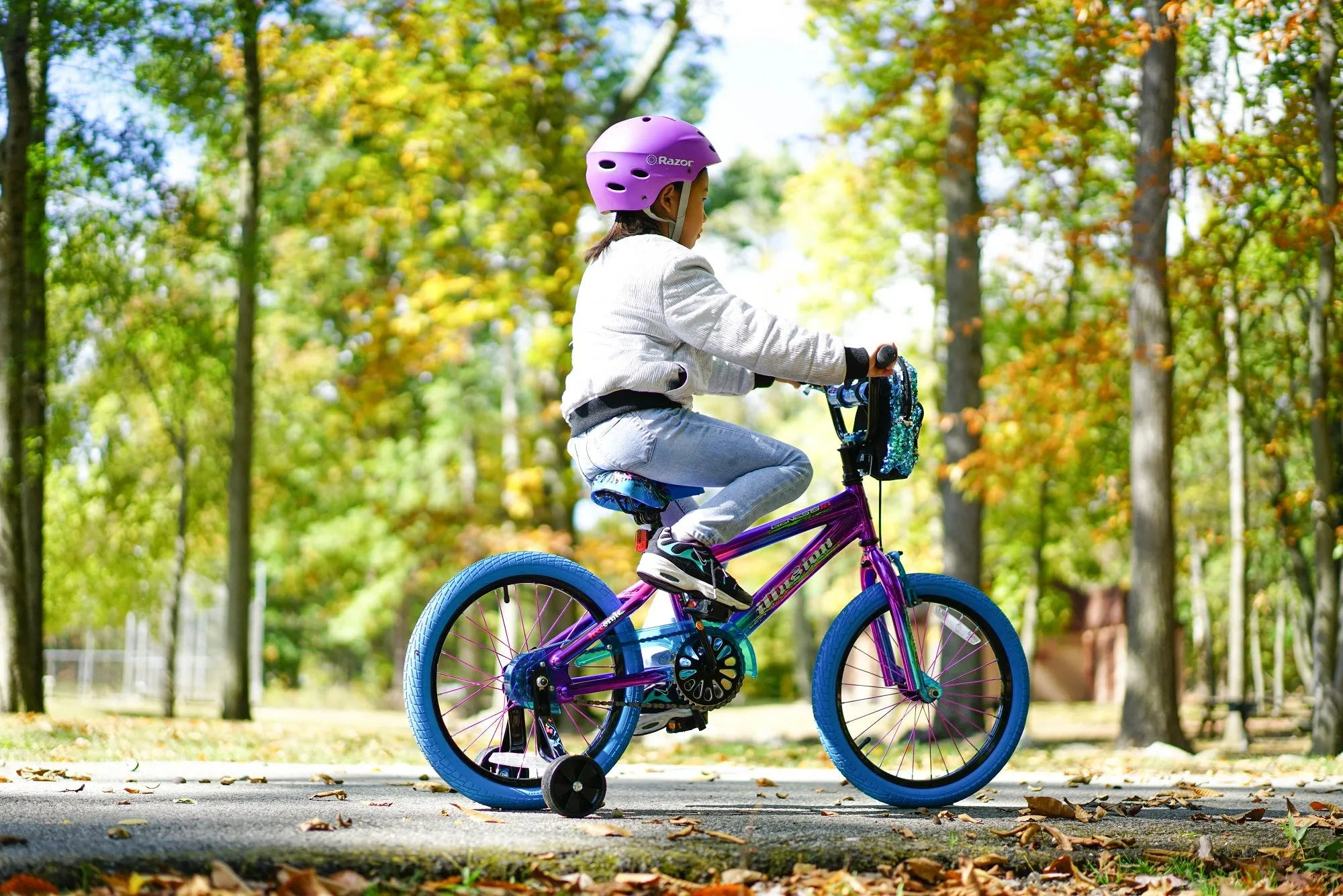 Girls' Illusion BMX Bike 18" Wheels w/ Removable Training Wheels, Blue Purple, Height 3'-8" 