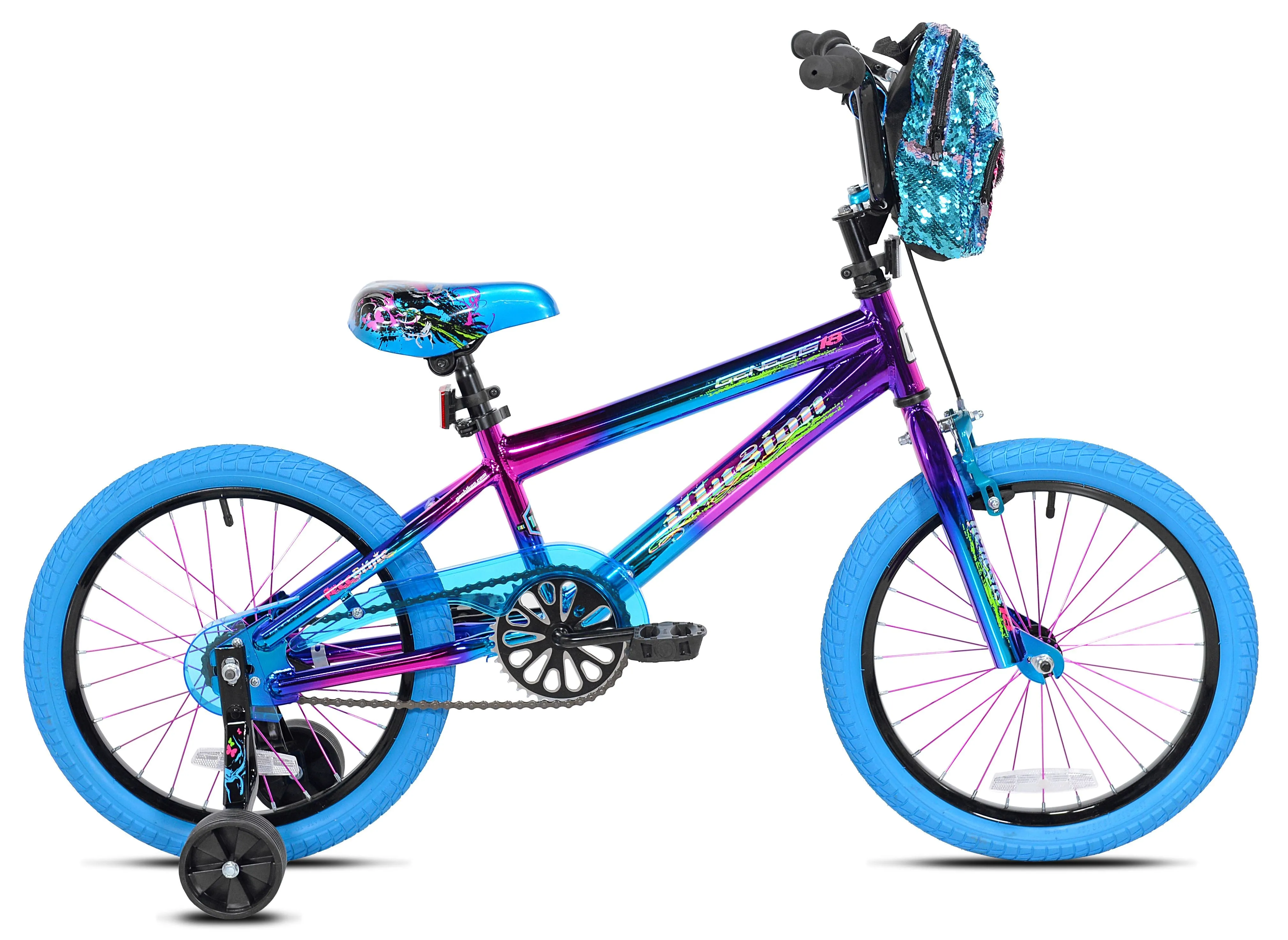 Girls' Illusion BMX Bike 18" Wheels w/ Removable Training Wheels, Blue Purple, Height 3'-8" 