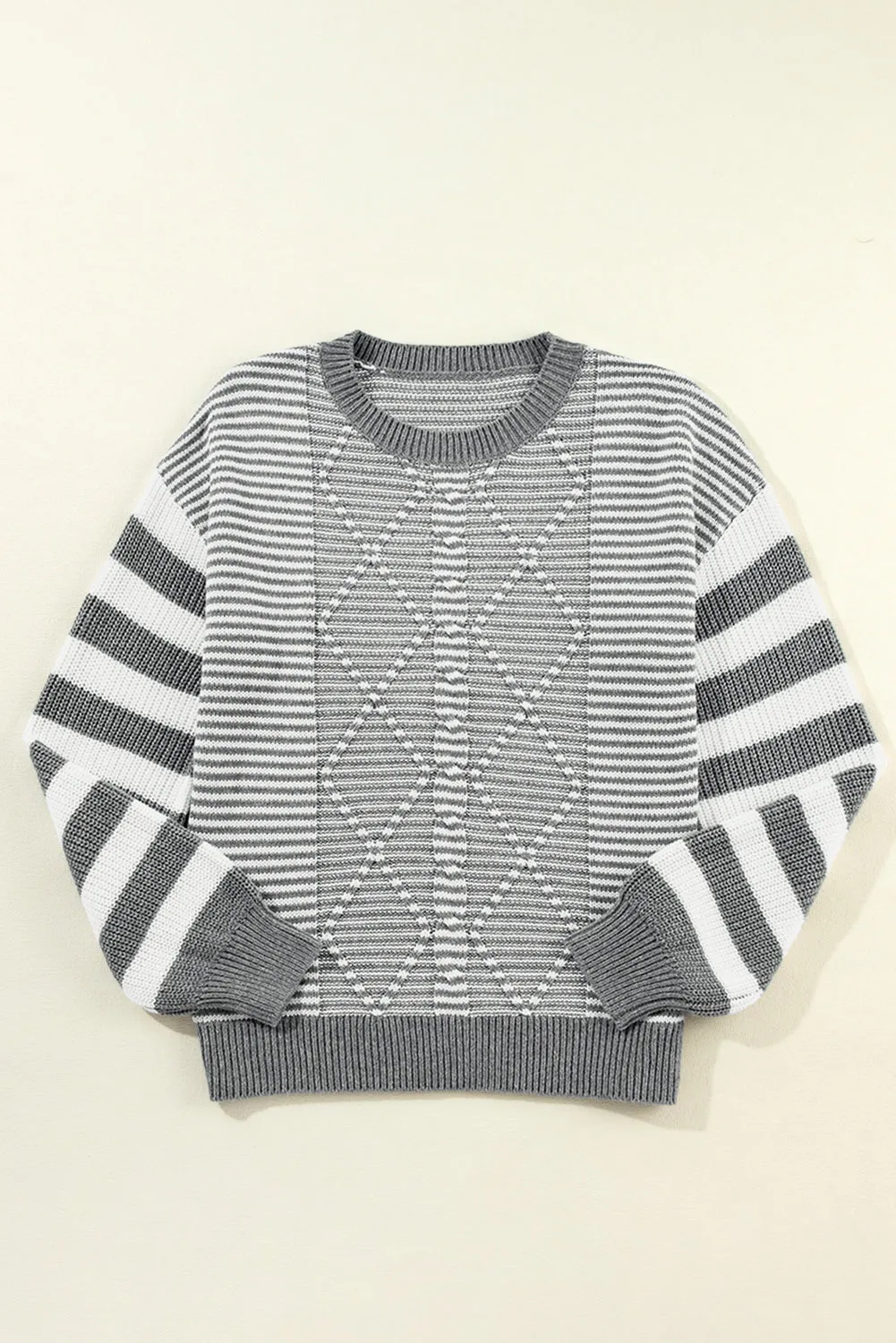Gray Stripe Geometric Textured Drop Shoulder Sweater