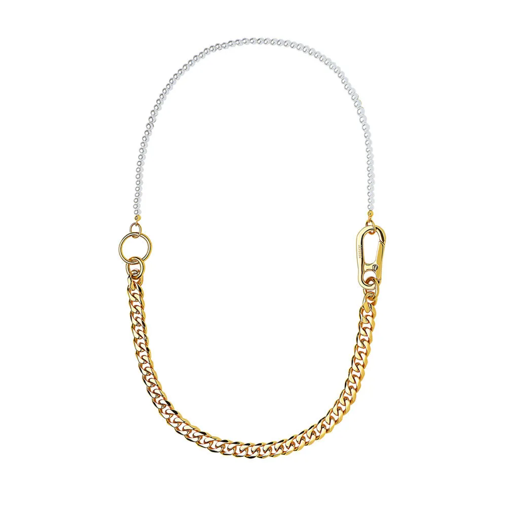 HALF WHITE 5MM WHITE PEARLS AND HALF 10MM CUBAN LINK CHAIN NECKLACE