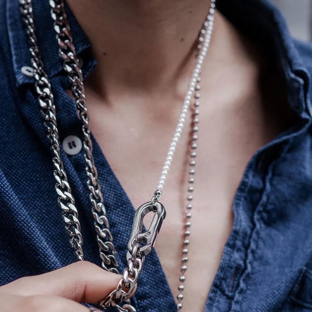 HALF WHITE 5MM WHITE PEARLS AND HALF 10MM CUBAN LINK CHAIN NECKLACE