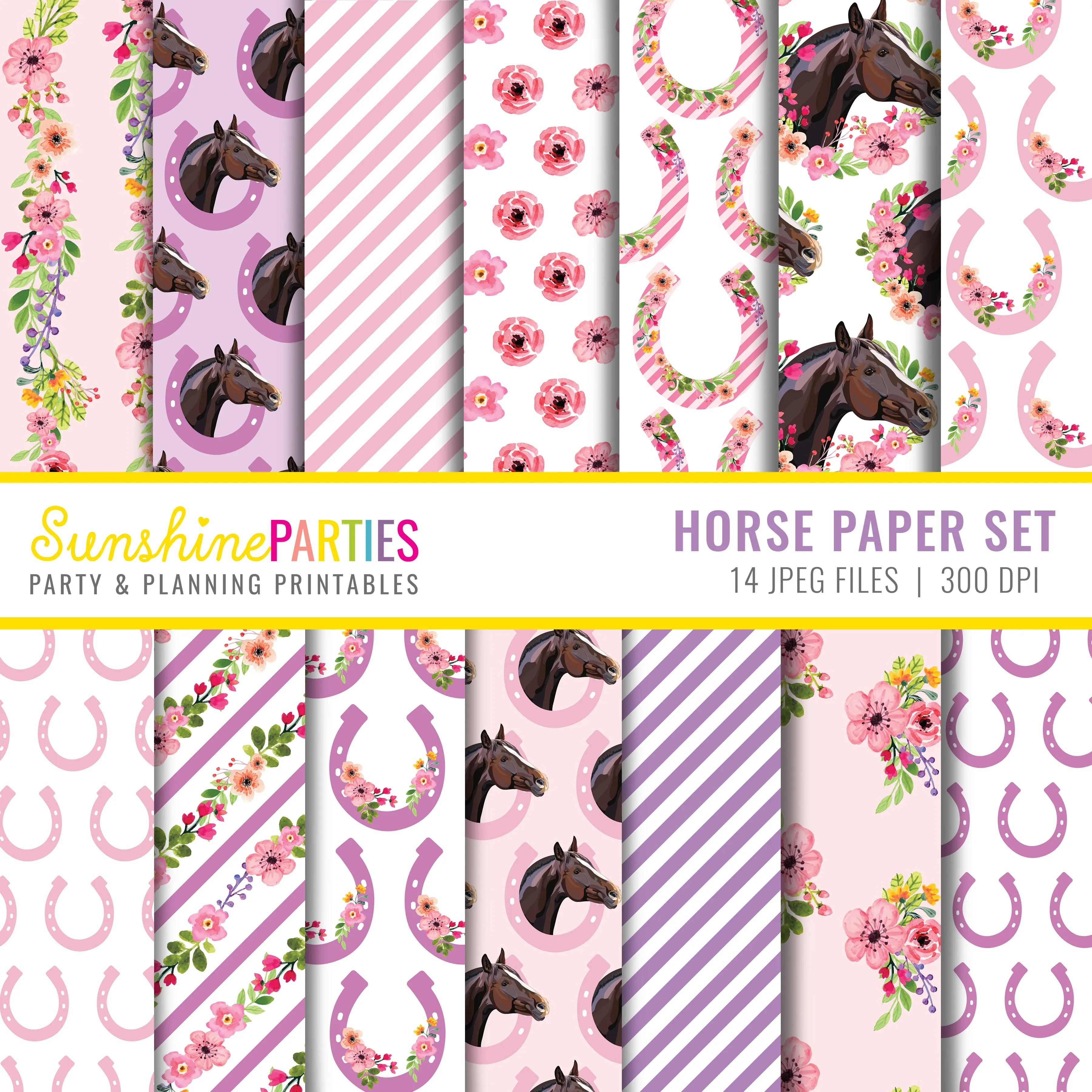 Horse Digital Paper Set | Floral Horse Design Paper Set
