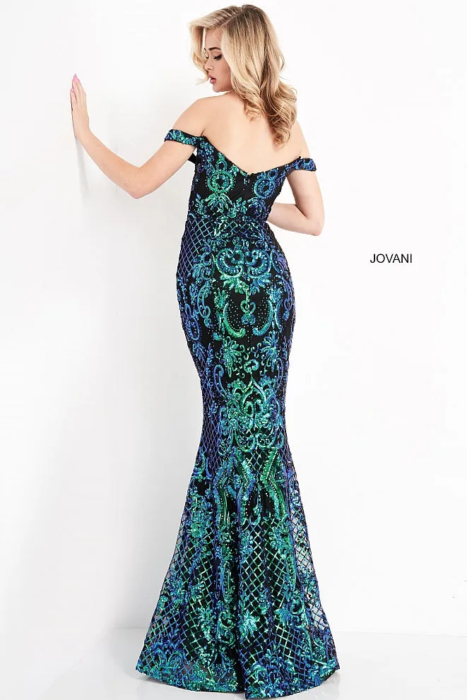 Jovani JVN04515 Black/ Multi Long Fitted Sequin Prom Dress off the shoulder Mermaid Pageant Size 0, 14