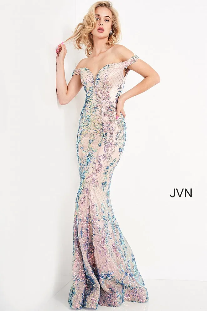 Jovani JVN04515 Black/ Multi Long Fitted Sequin Prom Dress off the shoulder Mermaid Pageant Size 0, 14
