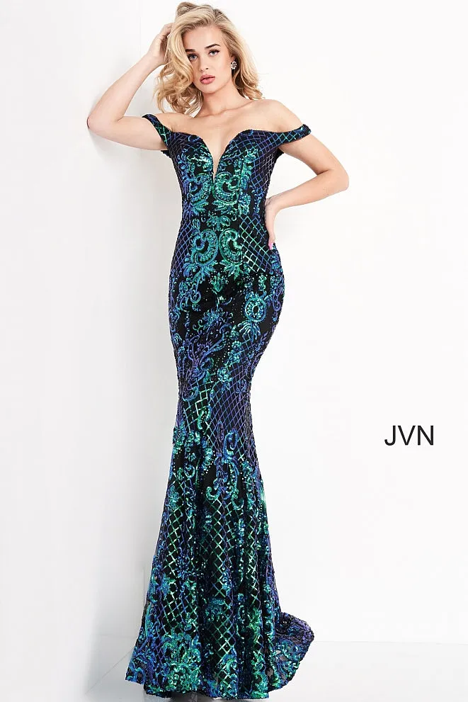 Jovani JVN04515 Black/ Multi Long Fitted Sequin Prom Dress off the shoulder Mermaid Pageant Size 0, 14