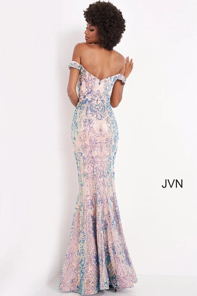 Jovani JVN04515 Black/ Multi Long Fitted Sequin Prom Dress off the shoulder Mermaid Pageant Size 0, 14