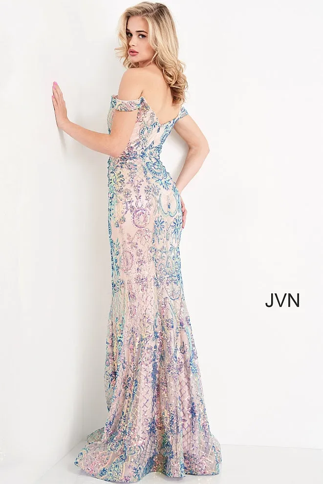 Jovani JVN04515 Black/ Multi Long Fitted Sequin Prom Dress off the shoulder Mermaid Pageant Size 0, 14