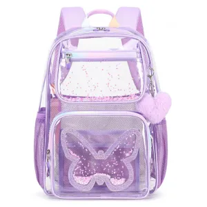 Kids Clear School Backpacks - Purple Book Bags For Girls Transparent Heavy Duty TPU BookBag