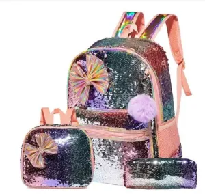 Kids Girls Bowknot Cute Sequin School Backpack with Lunch Box