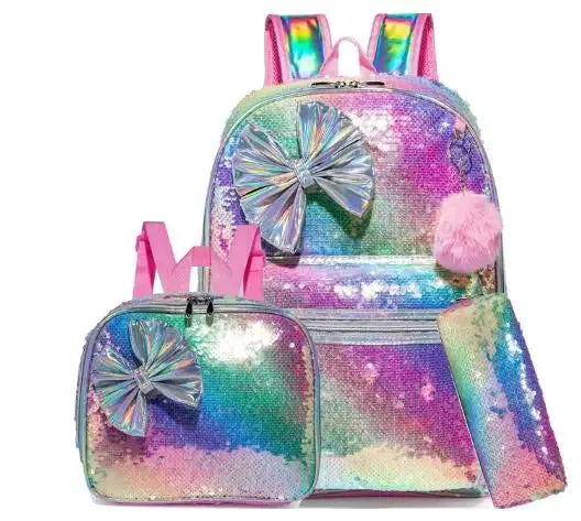 Kids Girls Bowknot Cute Sequin School Backpack with Lunch Box