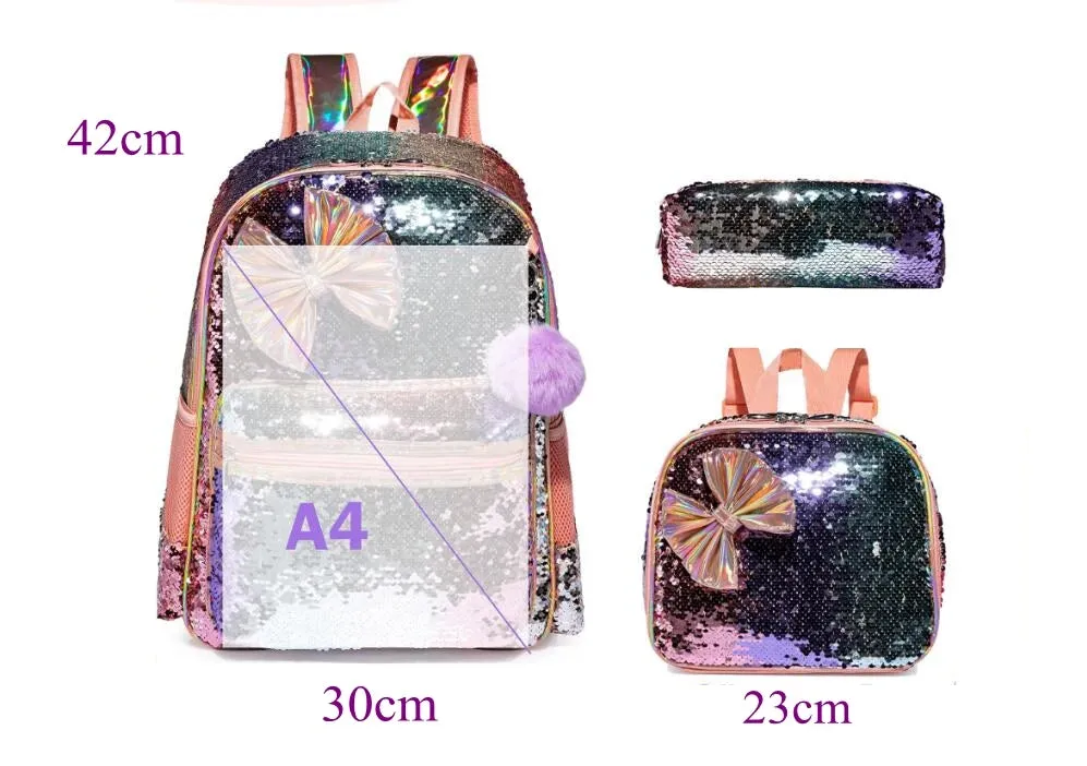 Kids Girls Bowknot Cute Sequin School Backpack with Lunch Box