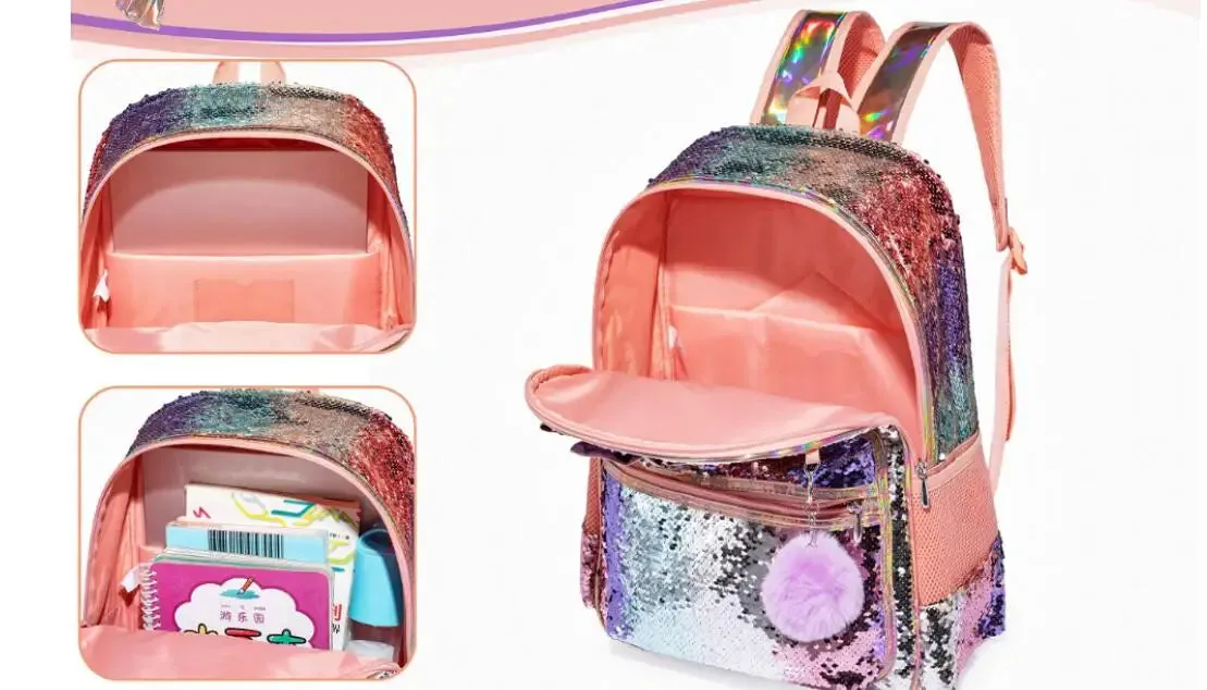Kids Girls Bowknot Cute Sequin School Backpack with Lunch Box