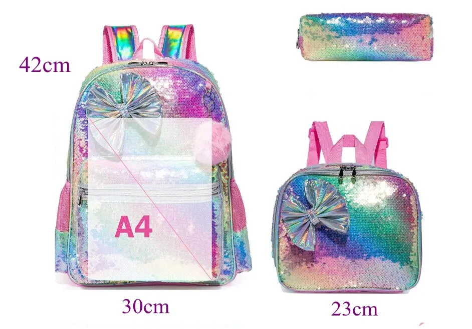 Kids Girls Bowknot Cute Sequin School Backpack with Lunch Box
