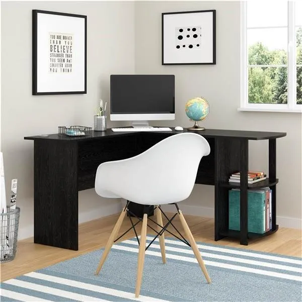 L-Shaped Wood Right-angle Computer Desk with Two-layer Bookshelves