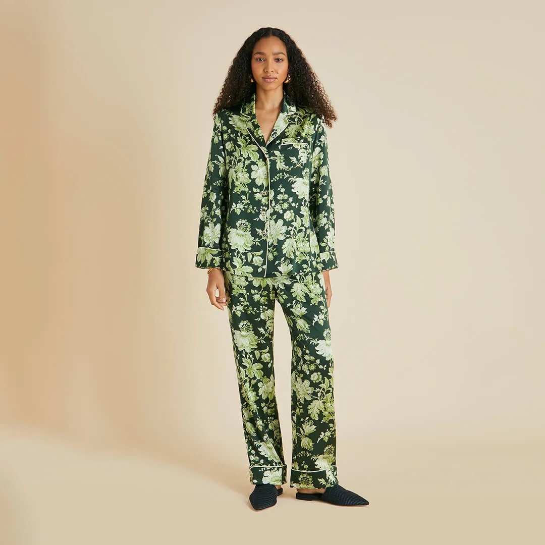 Lila Ares Green Floral Pyjamas in Silk Satin