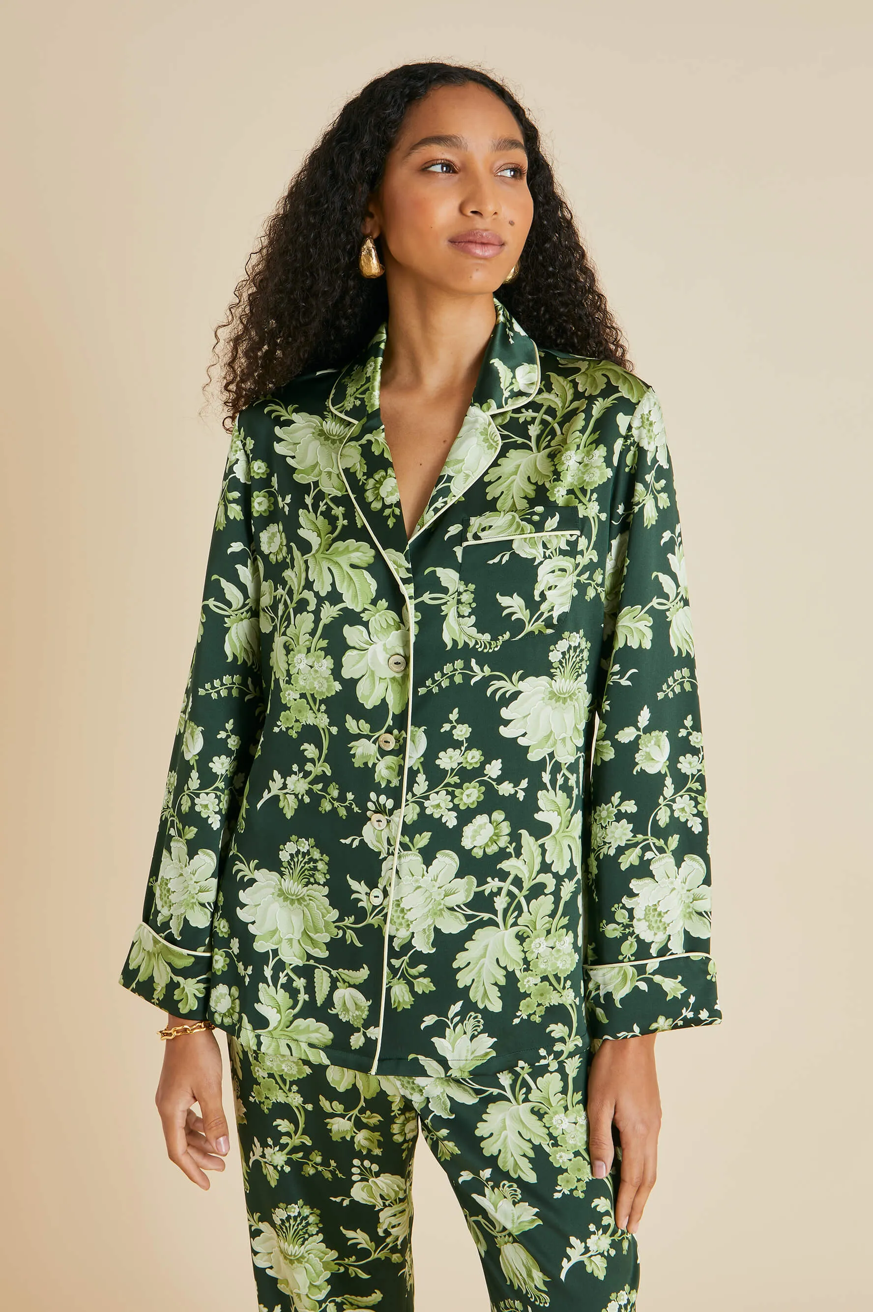 Lila Ares Green Floral Pyjamas in Silk Satin