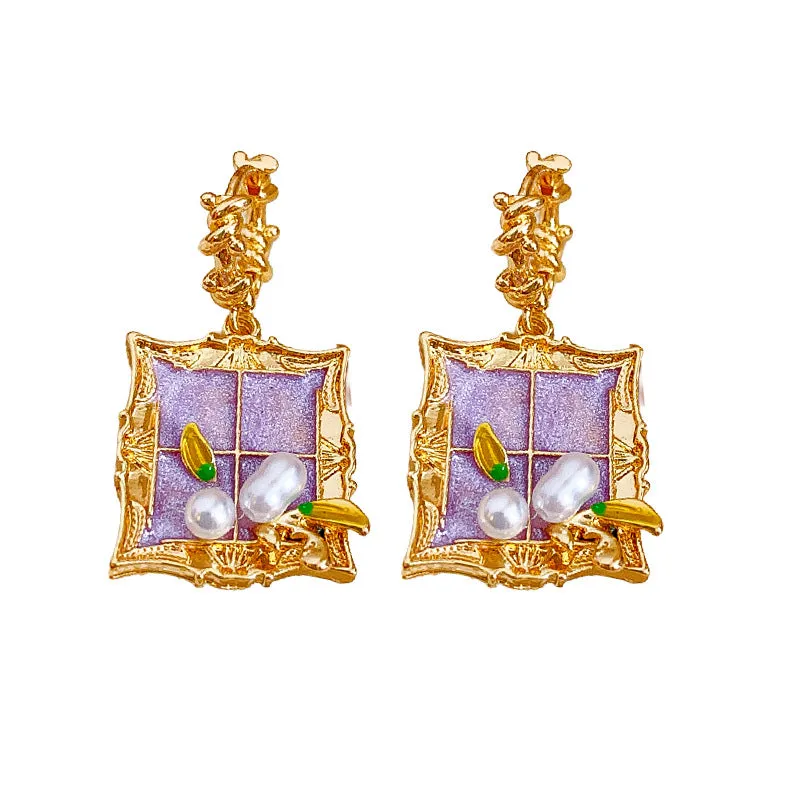 Luxurious Quadrilateral Geometric Leaf Artificial Pearl Electroplating Earrings