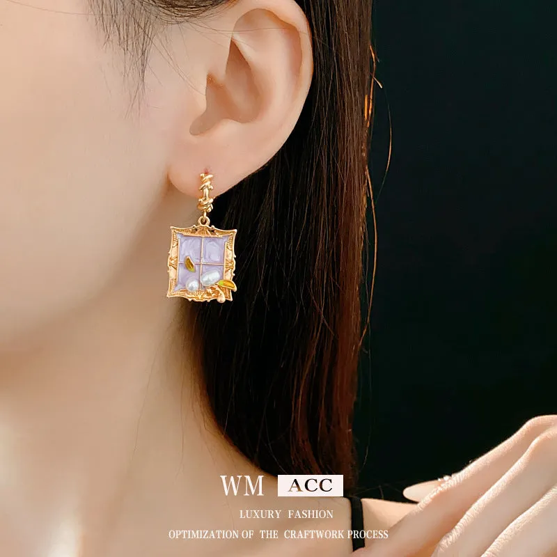Luxurious Quadrilateral Geometric Leaf Artificial Pearl Electroplating Earrings