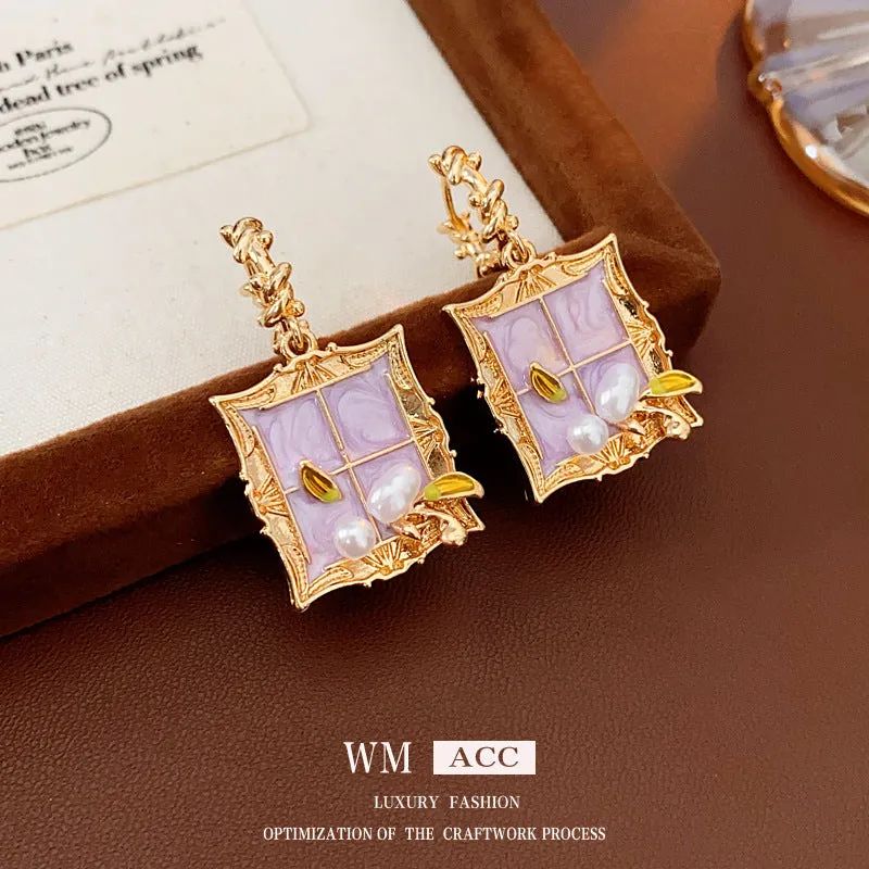 Luxurious Quadrilateral Geometric Leaf Artificial Pearl Electroplating Earrings