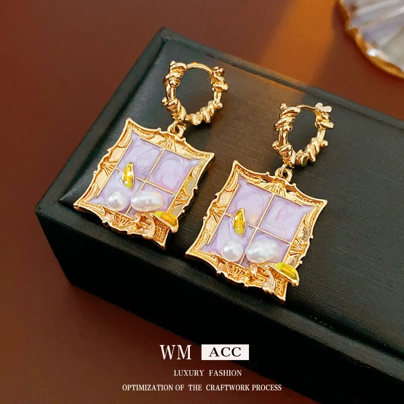 Luxurious Quadrilateral Geometric Leaf Artificial Pearl Electroplating Earrings