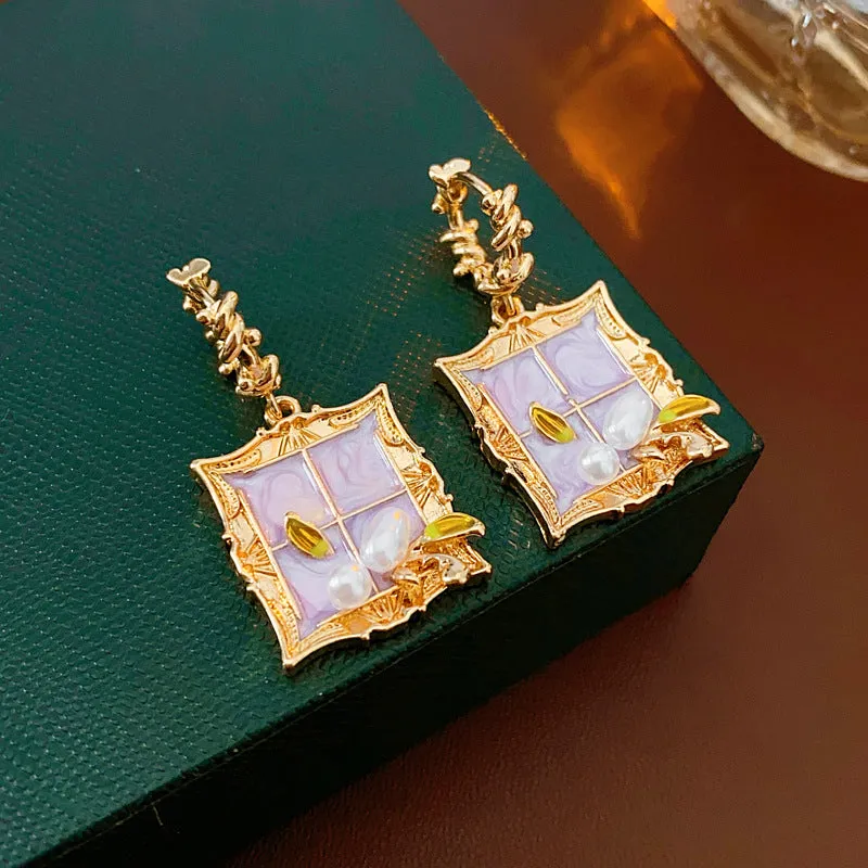 Luxurious Quadrilateral Geometric Leaf Artificial Pearl Electroplating Earrings
