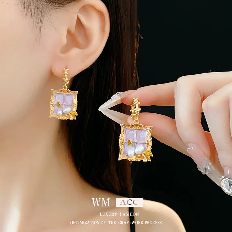 Luxurious Quadrilateral Geometric Leaf Artificial Pearl Electroplating Earrings