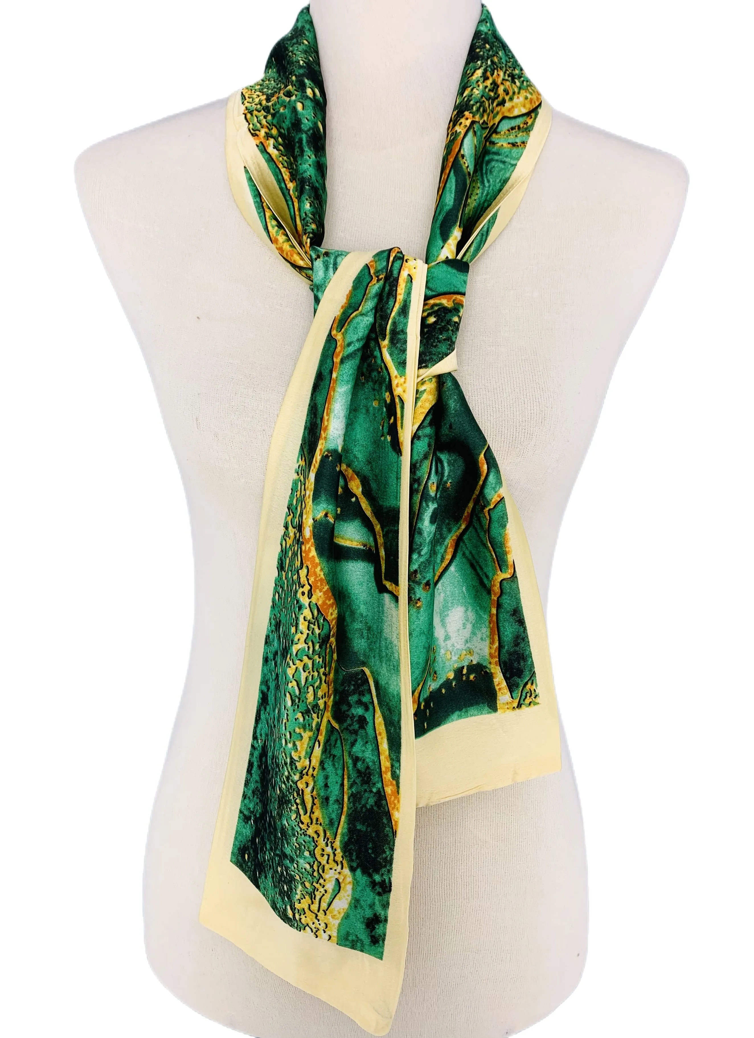 Luxurious Silk-Feel Narrow Scarf--Green Marble