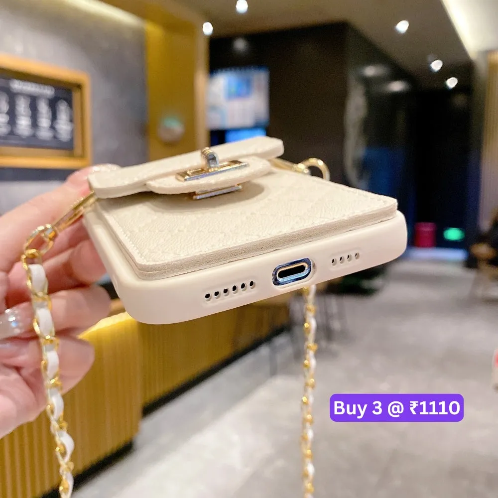 Luxury PU Leather Wallet Silicone Phone Case with Crossbody Chain Card Slot Bag - iPhone 12