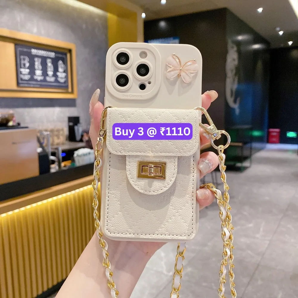Luxury PU Leather Wallet Silicone Phone Case with Crossbody Chain Card Slot Bag - iPhone 12
