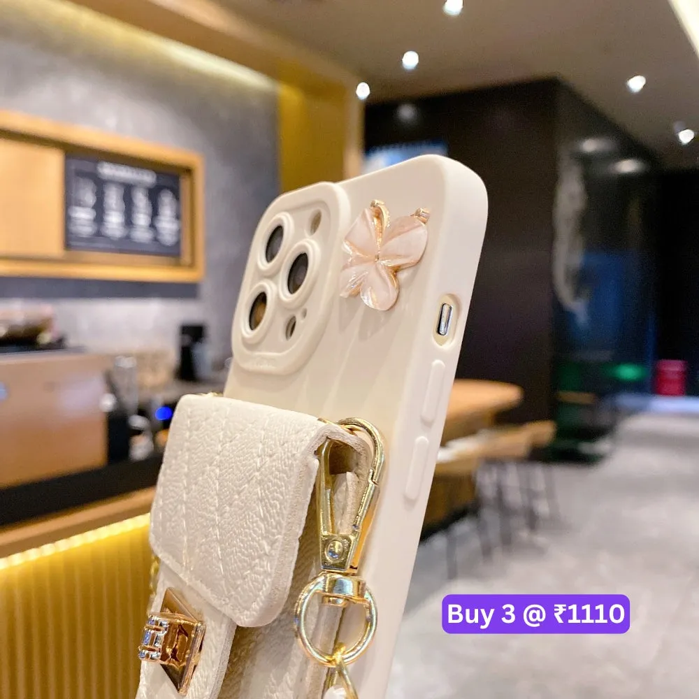 Luxury PU Leather Wallet Silicone Phone Case with Crossbody Chain Card Slot Bag - iPhone 12