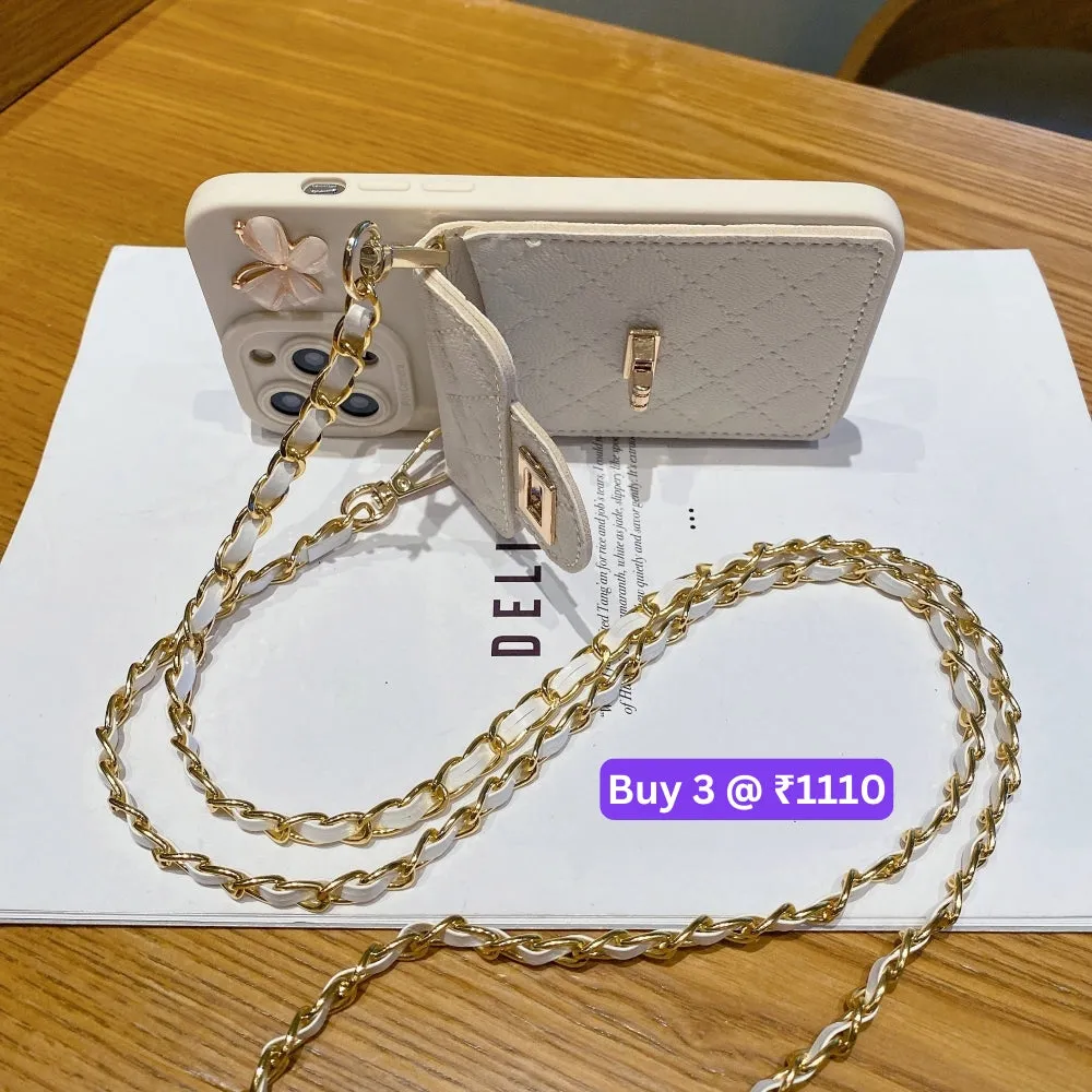 Luxury PU Leather Wallet Silicone Phone Case with Crossbody Chain Card Slot Bag - iPhone 12