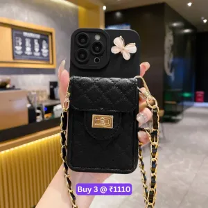 Luxury PU Leather Wallet Silicone Phone Case with Crossbody Chain Card Slot Bag - iPhone 12