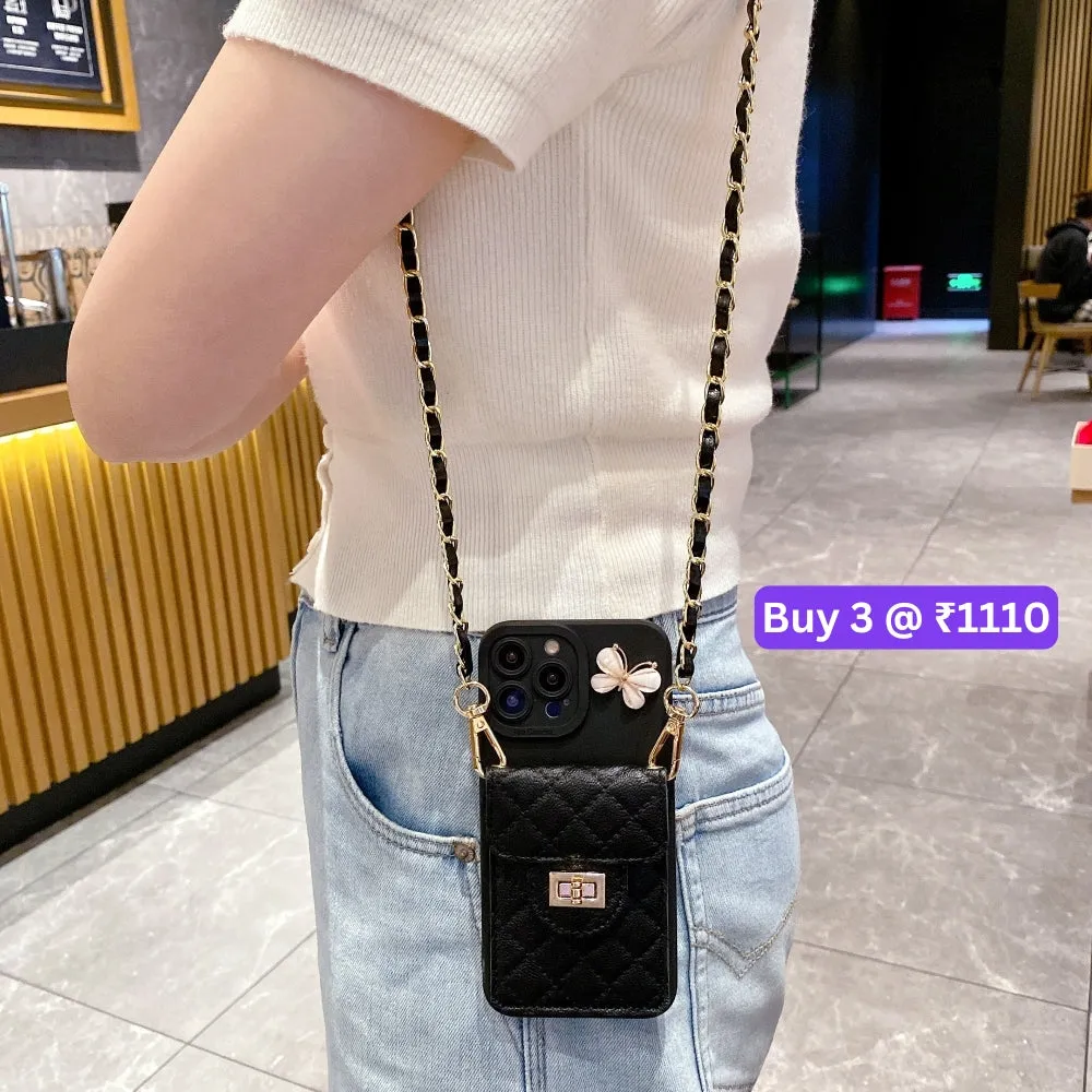 Luxury PU Leather Wallet Silicone Phone Case with Crossbody Chain Card Slot Bag - iPhone 12
