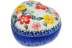 Polish Pottery 4" Heart Shaped Jar Hibiscus Haven