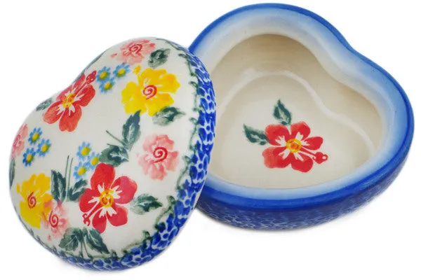 Polish Pottery 4" Heart Shaped Jar Hibiscus Haven