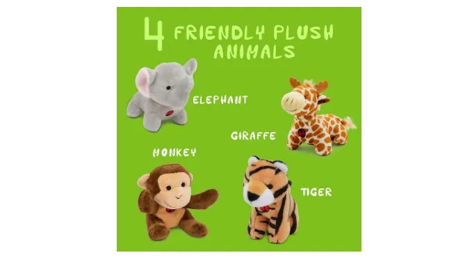 PRICE DROP: Hoovy 5-Piece Plush Jungle Animal Sounds Toy Set with Carrier | Stuffed Monkey, Giraffe, Tiger & Elephant - Ships Quick!