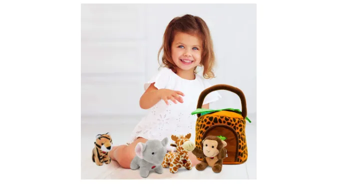 PRICE DROP: Hoovy 5-Piece Plush Jungle Animal Sounds Toy Set with Carrier | Stuffed Monkey, Giraffe, Tiger & Elephant - Ships Quick!