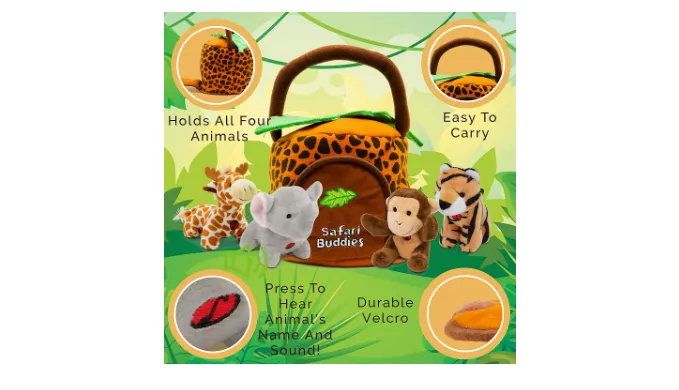PRICE DROP: Hoovy 5-Piece Plush Jungle Animal Sounds Toy Set with Carrier | Stuffed Monkey, Giraffe, Tiger & Elephant - Ships Quick!