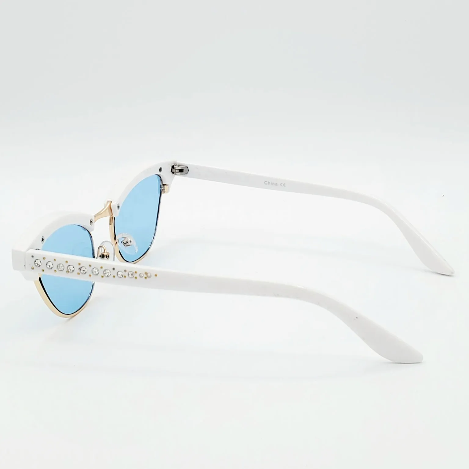 Rhinestone Browline Cat Eye Sunglasses - White with Blue Lenses