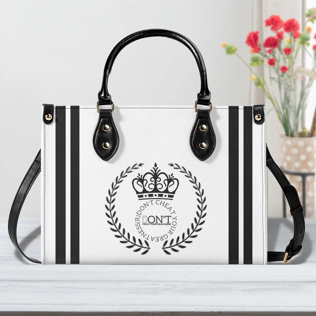 Royalty 24 Black Logo, Stripes & White Multiple Sizes Upgraded Luxury Women PU Leather Handbag