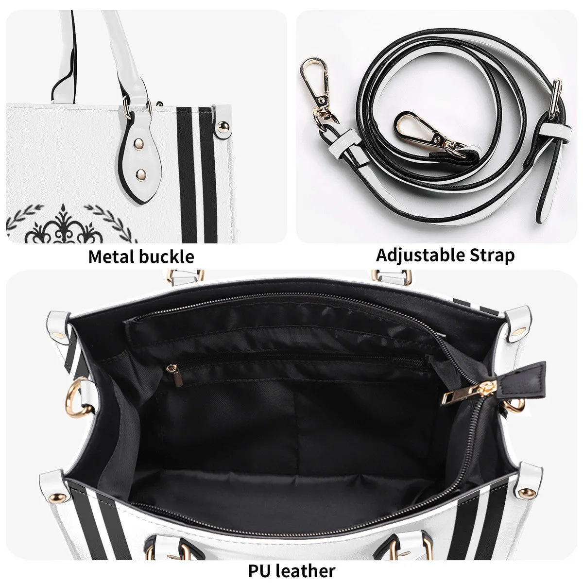 Royalty 24 Black Logo, Stripes & White Multiple Sizes Upgraded Luxury Women PU Leather Handbag