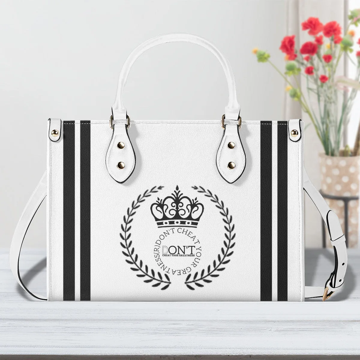 Royalty 24 Black Logo, Stripes & White Multiple Sizes Upgraded Luxury Women PU Leather Handbag