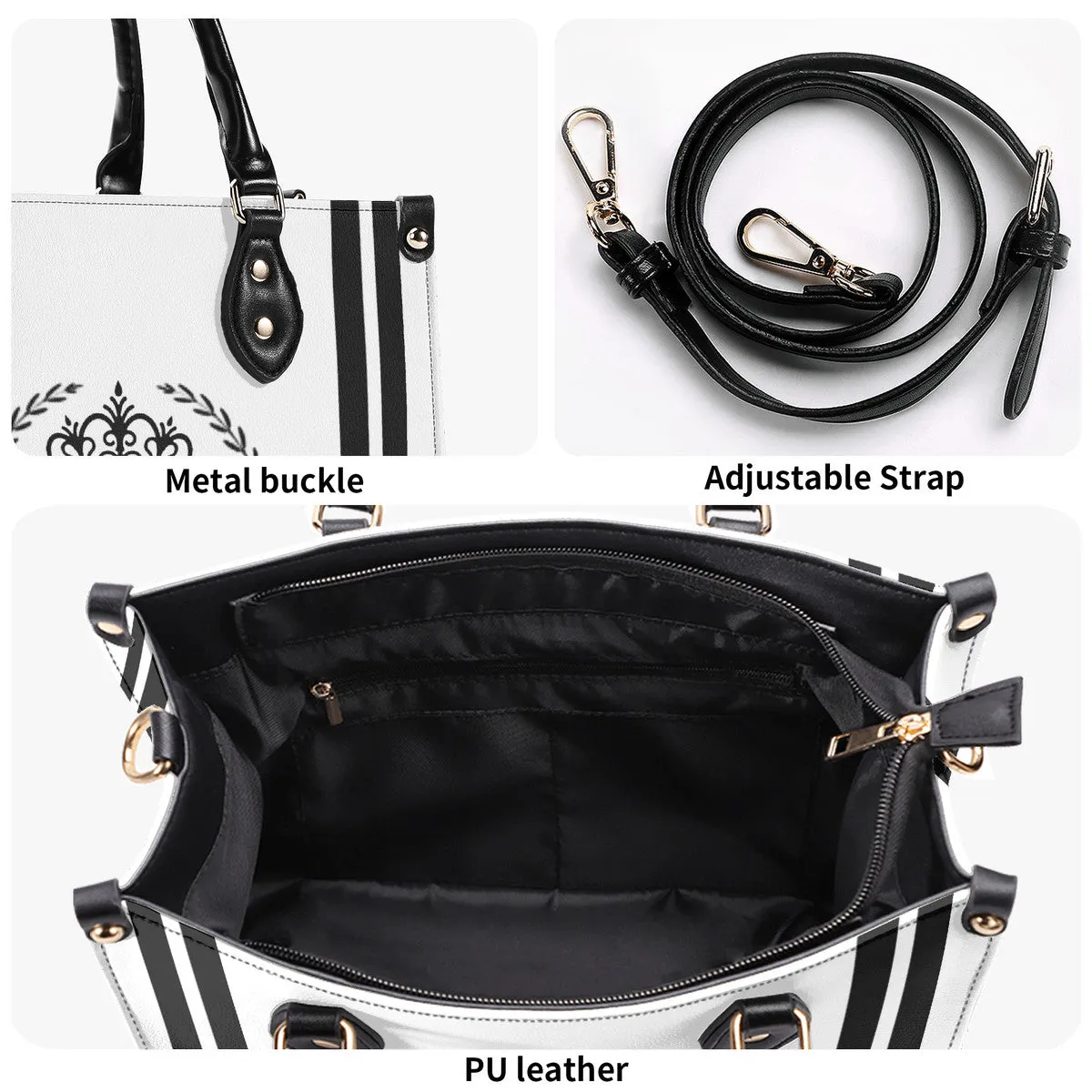 Royalty 24 Black Logo, Stripes & White Multiple Sizes Upgraded Luxury Women PU Leather Handbag