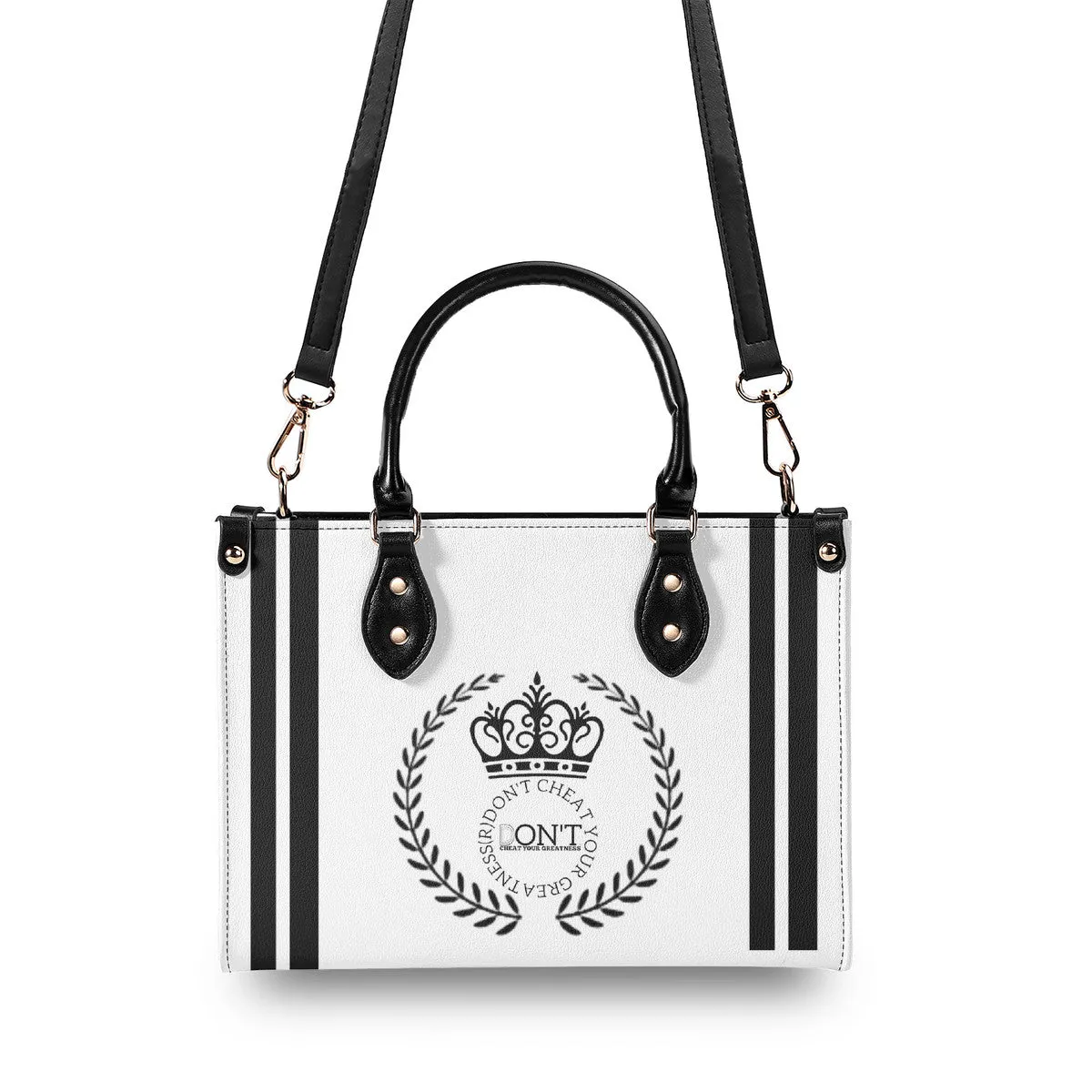 Royalty 24 Black Logo, Stripes & White Multiple Sizes Upgraded Luxury Women PU Leather Handbag