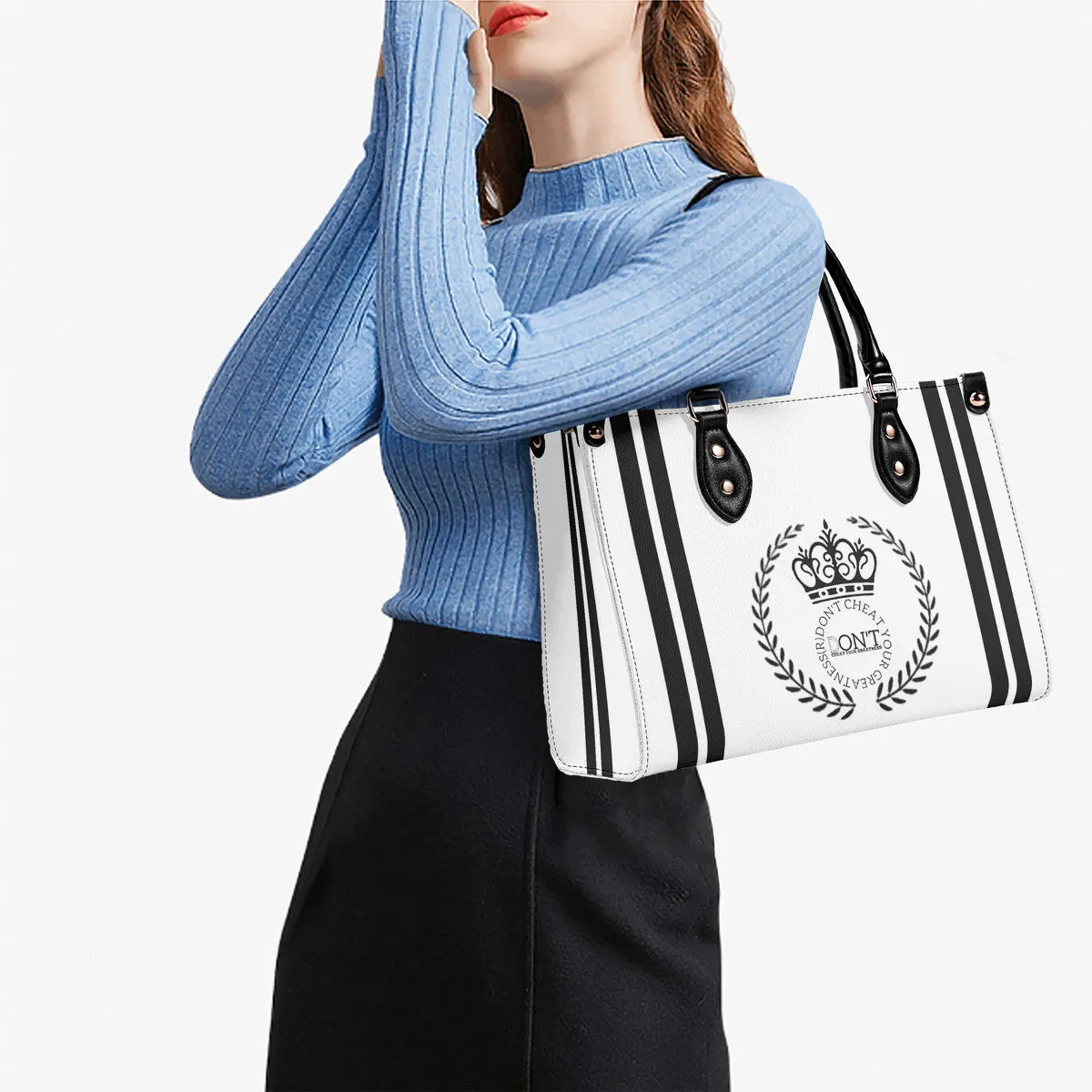 Royalty 24 Black Logo, Stripes & White Multiple Sizes Upgraded Luxury Women PU Leather Handbag