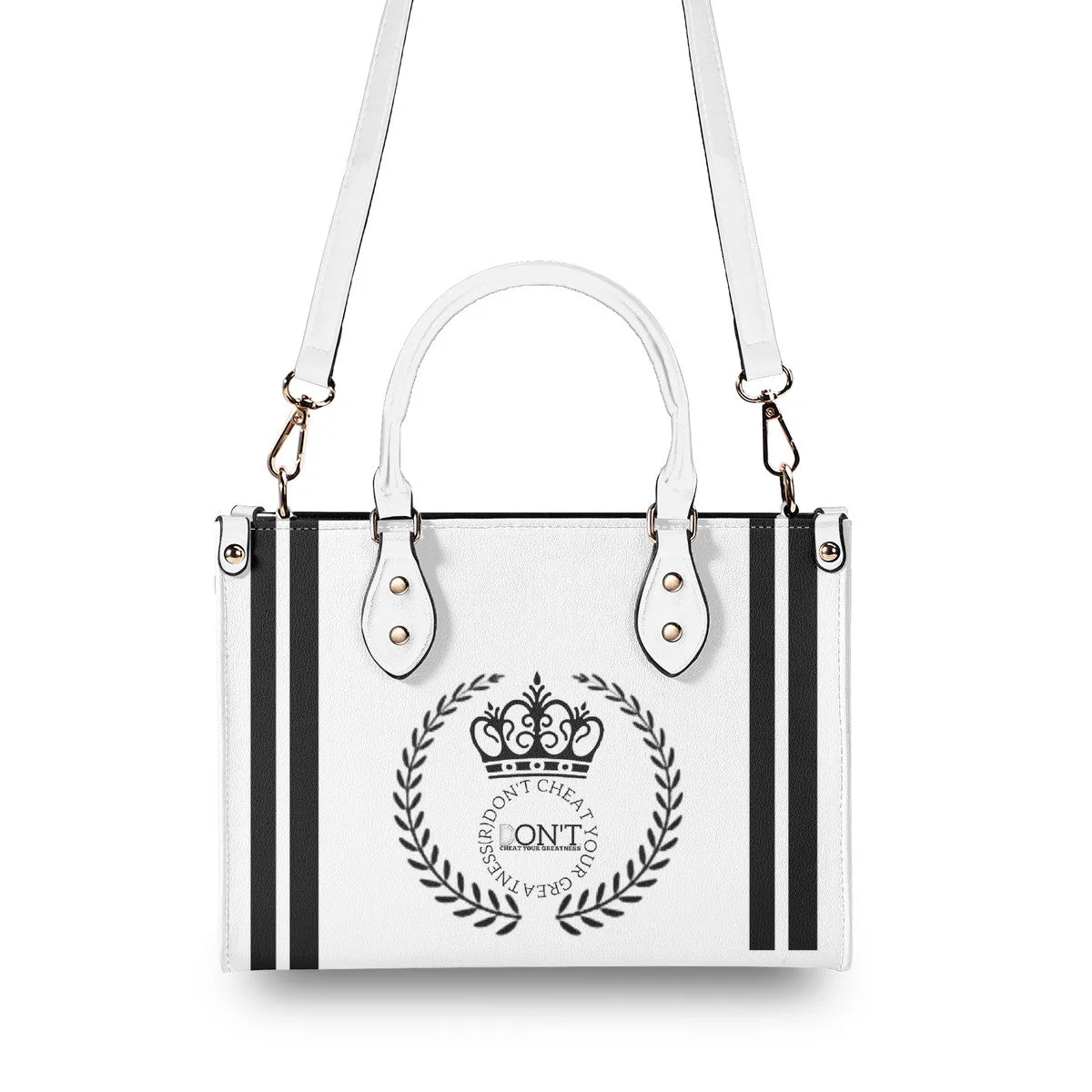 Royalty 24 Black Logo, Stripes & White Multiple Sizes Upgraded Luxury Women PU Leather Handbag