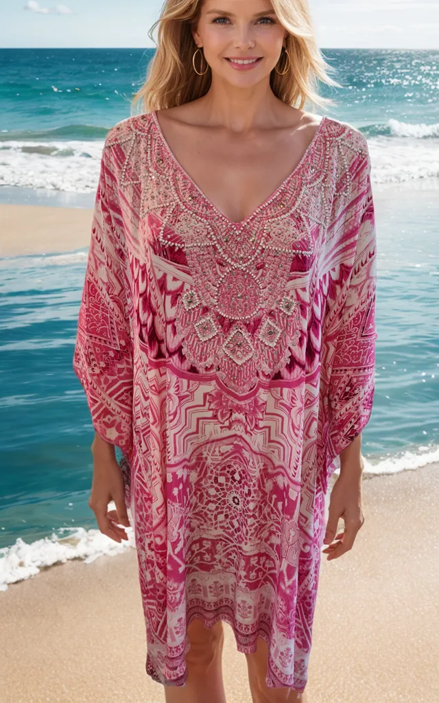 Short Silk Embellished Kaftan Flamingo