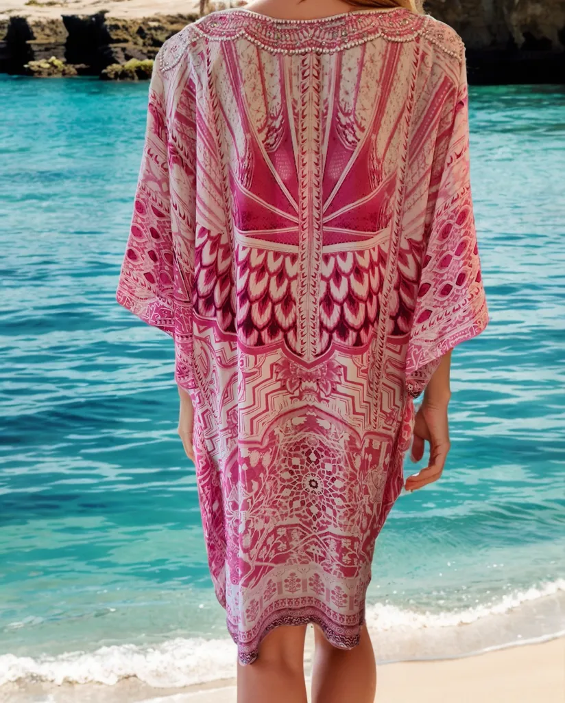 Short Silk Embellished Kaftan Flamingo