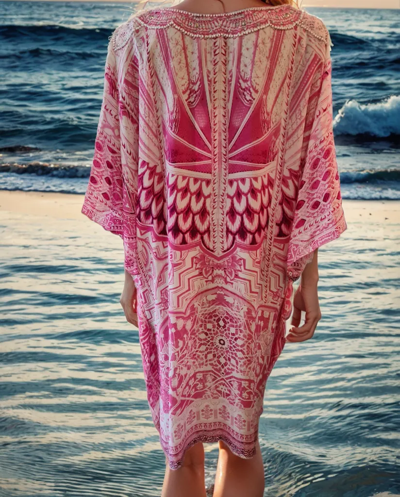 Short Silk Embellished Kaftan Flamingo