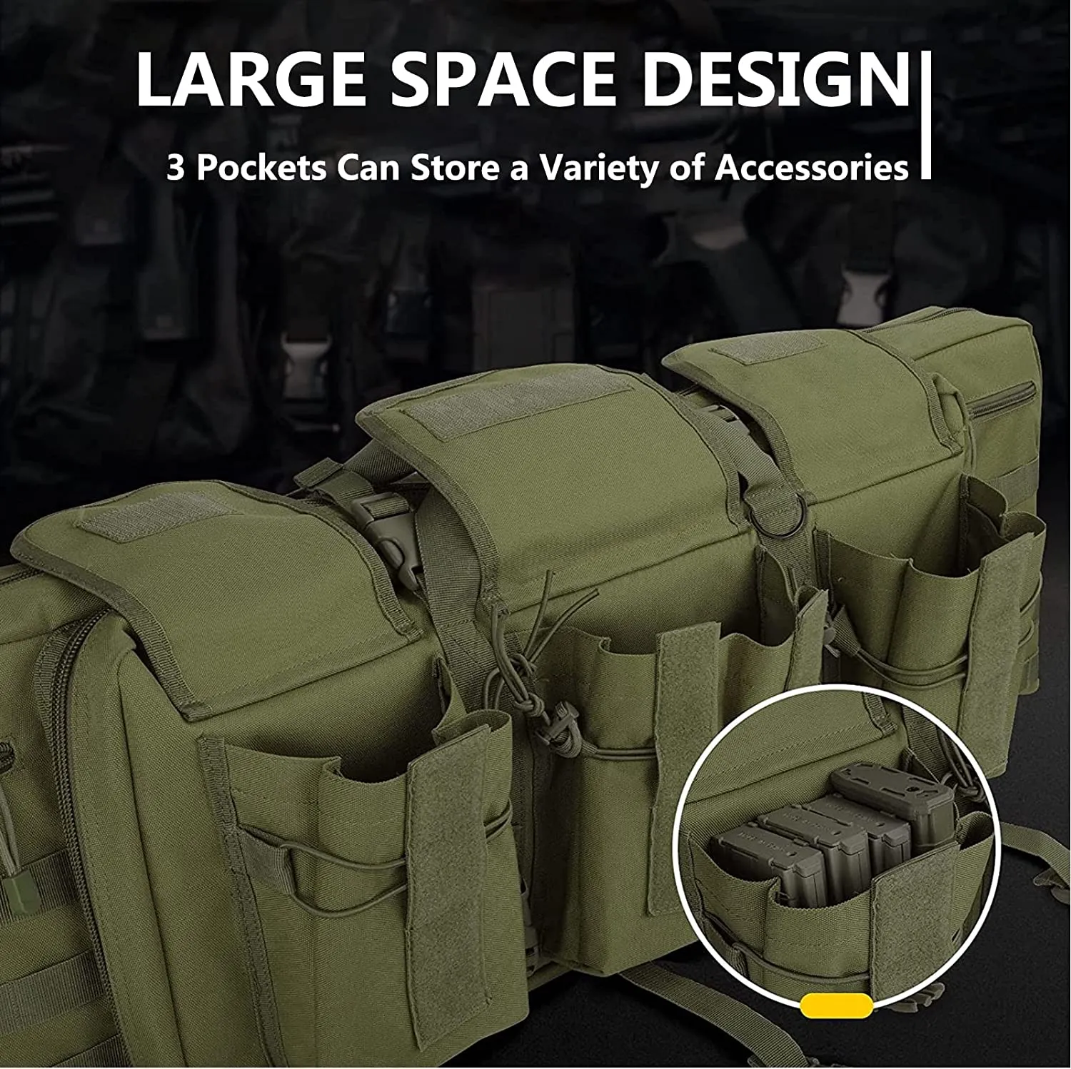 SJASD Rifle Bag 2 Long Guns, Long Hunting Bag, Gun Bag for Long Guns, Lockable, with Double Compartment and 3 Large Accessories Bags, for Outdoor Tactical Rifle, Army Green, 118 cm